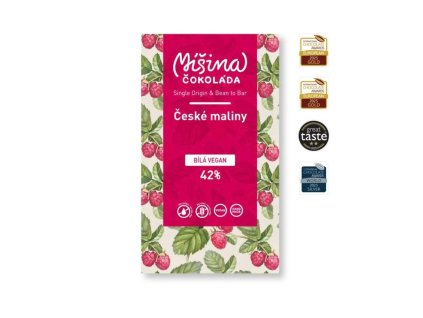 eganská malinová čokoláda 42 % s českými malinami od Míšiny čokolády, tabulka 50 g